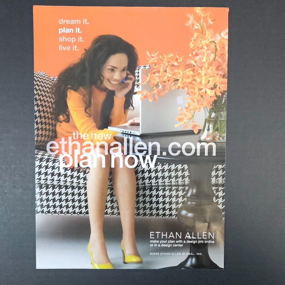 2009 Ethan Allen Global Furniture Print Ad Houndstooth Couch Woman Using Laptop
